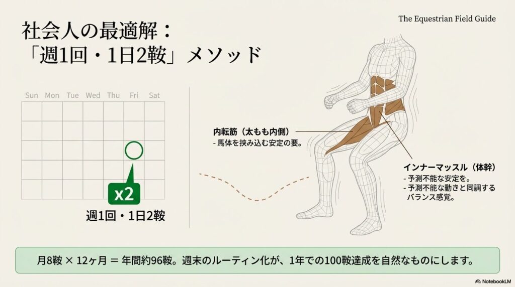 社会人の乗馬ライセンス取得に最適な週1回・1日2鞍のスケジュール図解