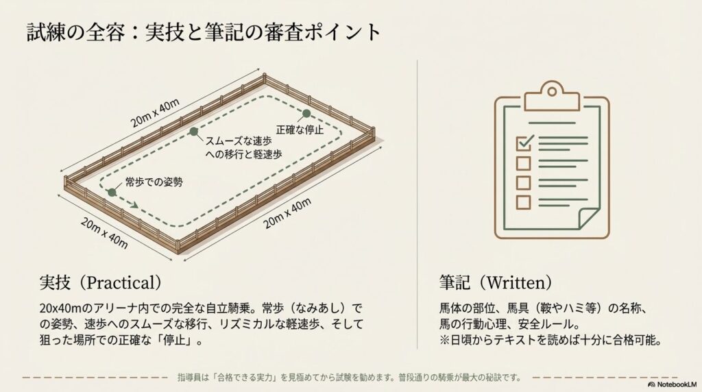 20m×40mの馬場での実技試験経路と筆記試験の審査ポイントチェックリスト
