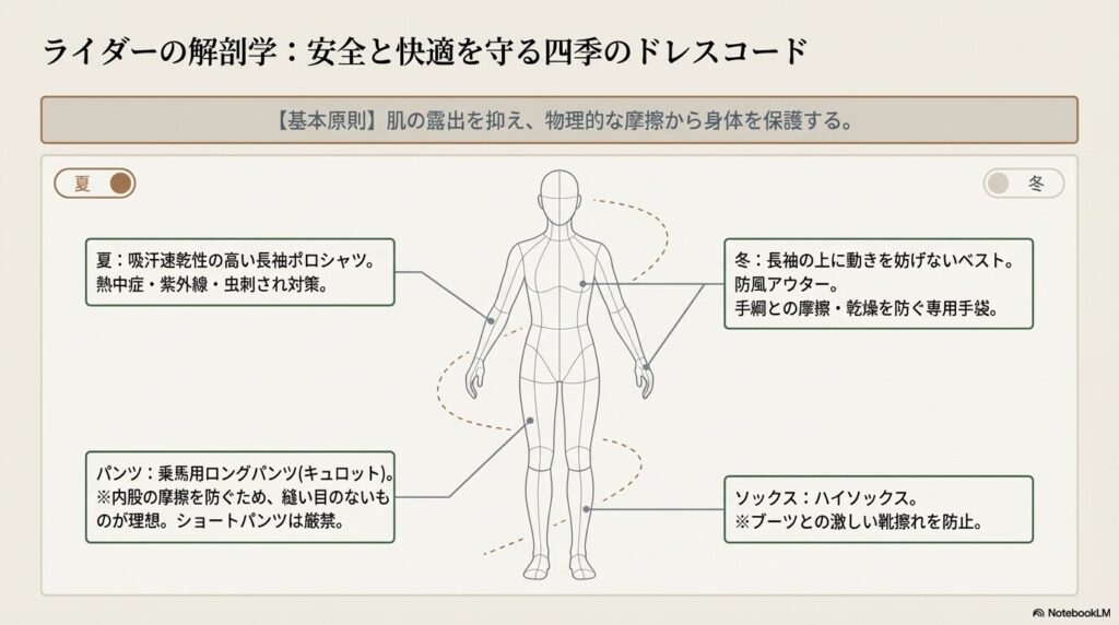 摩擦や気候からライダーを守る夏と冬の乗馬用四季ドレスコード図解