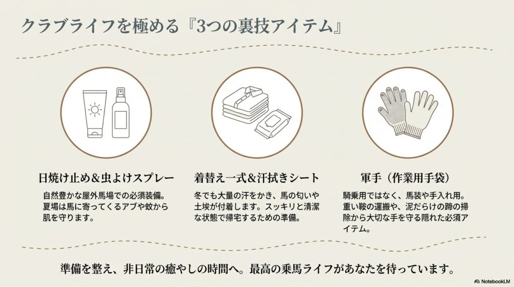 日焼け止め、着替え、汗拭きシート、軍手など乗馬クラブに役立つ3つの裏技アイテム