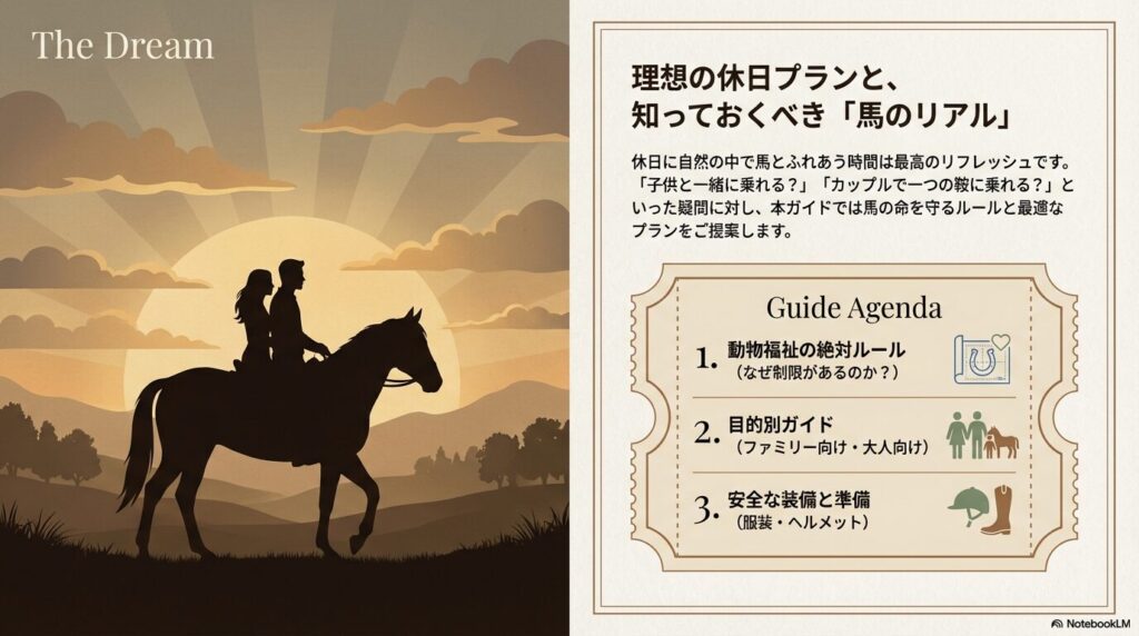 理想の休日乗馬プランと知っておくべき馬のリアル：動物福祉の絶対ルールや目的別ガイド、安全な装備について