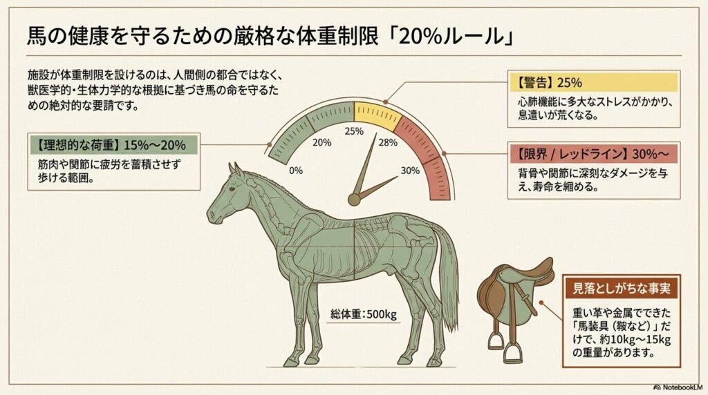 乗馬における馬の健康を守るための厳格な体重制限と生体力学に基づく20%ルールの解説図