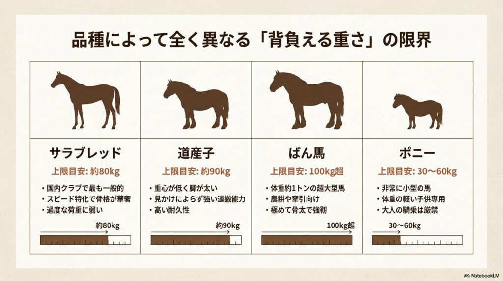 サラブレッド、道産子、ばん馬、ポニーなど馬の品種によって全く異なる背負える重さ（限界荷重）の比較図