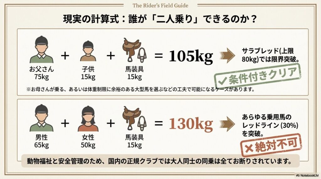 親子や大人同士で乗馬の二人乗りをした場合の合計体重と馬の限界荷重の計算例