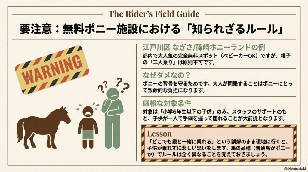 無料のポニー乗馬施設における大人の二人乗り同乗不可ルールと注意喚起