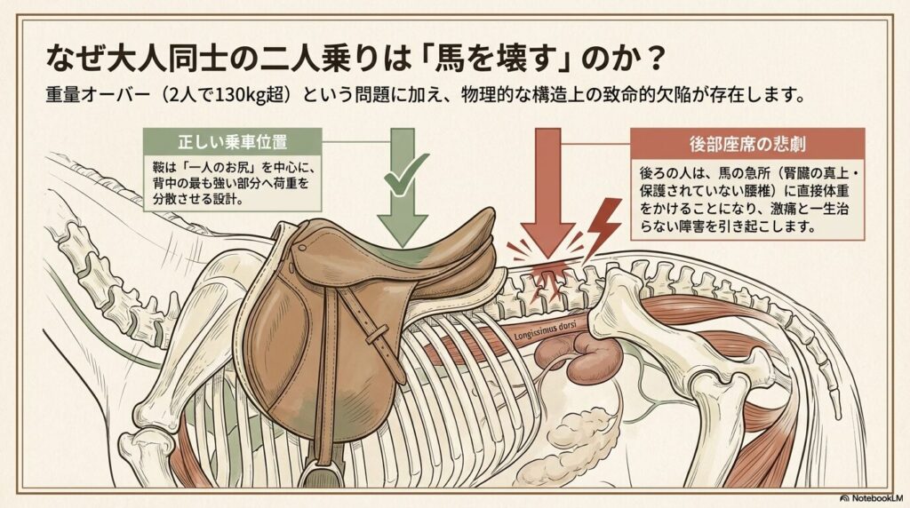 馬の背中の骨格構造と大人が二人乗りをした際の後部座席が馬の急所に与える致命的な負担