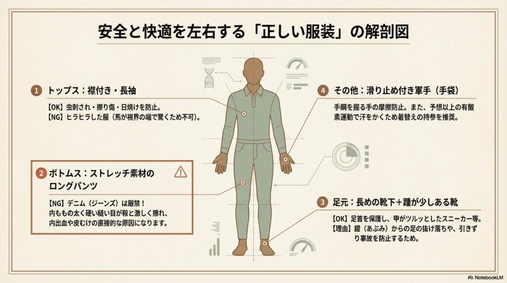 安全で快適に乗馬を楽しむための正しい服装と避けるべきデニムなどのNGな服装のポイント