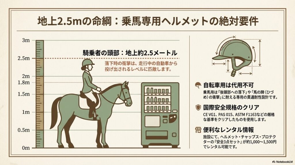 騎乗時の頭部の高さと落下時の衝撃を示す図、および自転車用で代用できない乗馬専用ヘルメットの必要性
