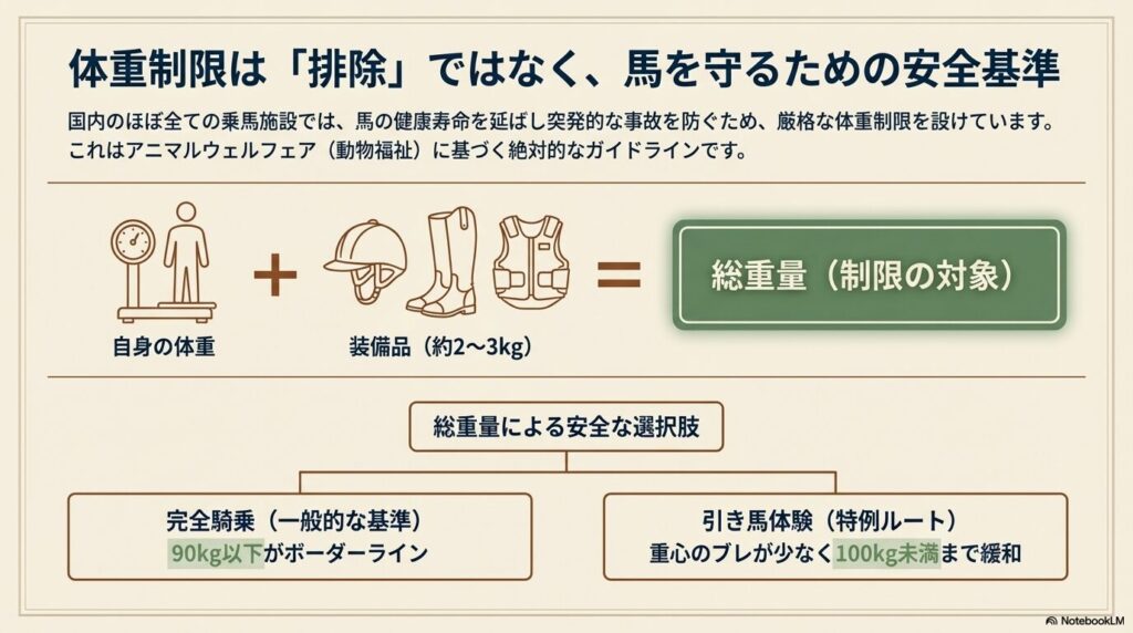 乗馬クラブの体重制限の目安と装備品を含めた総重量の計算式