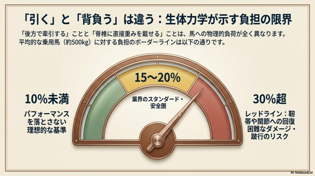 乗馬で馬の背中にかかる生体力学的な負担の限界とレッドラインの割合