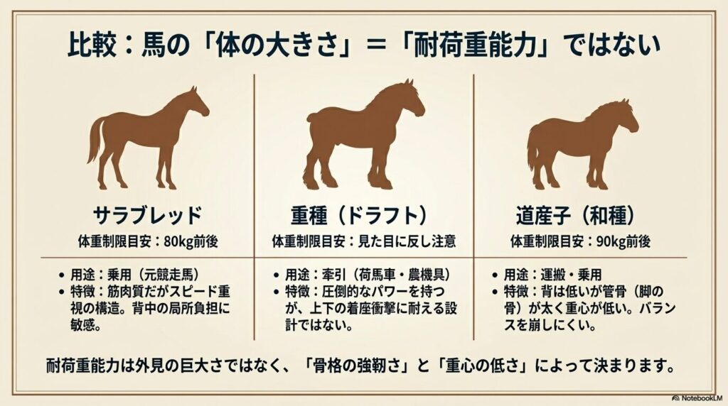 サラブレッド・重種・道産子など馬の種類による耐荷重能力の比較
