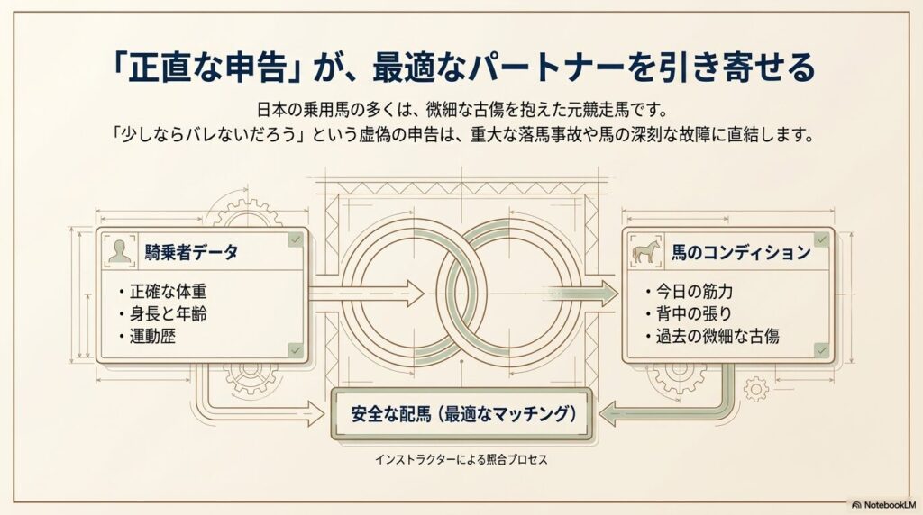 正確な体重申告に基づきインストラクターが行う馬のコンディションとの安全な配馬プロセス