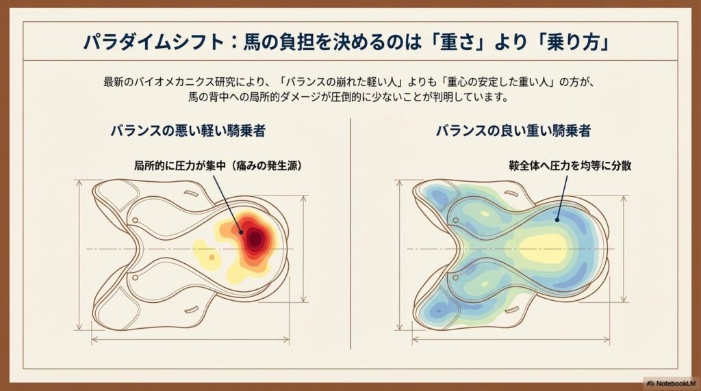 重心の安定した重い人とバランスの悪い軽い人の馬の背中への圧力分布比較