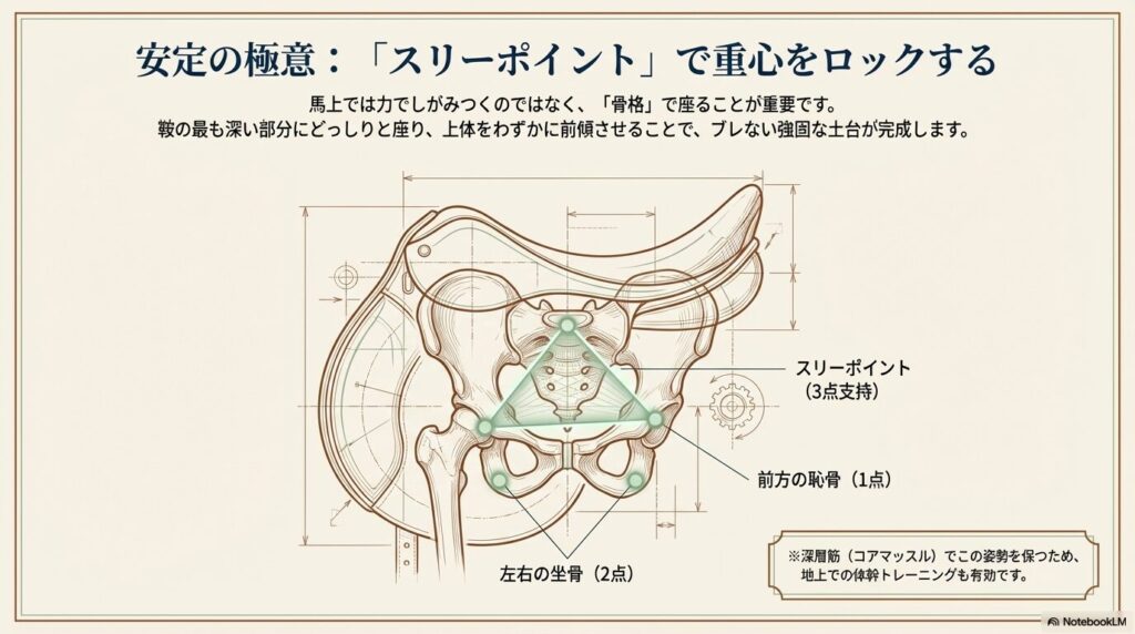 左右の坐骨と前方の恥骨で重心をロックする乗馬のスリーポイント(3点支持)