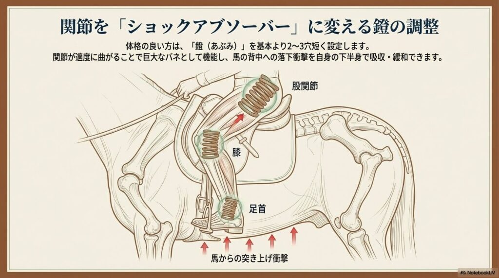 乗馬で股関節・膝・足首をショックアブソーバーとして機能させる鐙(あぶみ)の調整図