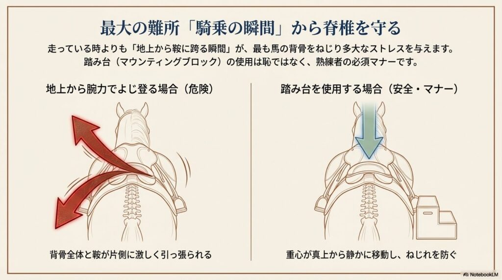 乗馬で体重が重い人がマウンティングブロック(踏み台)を使用して馬の背骨のねじれを防ぐ図解