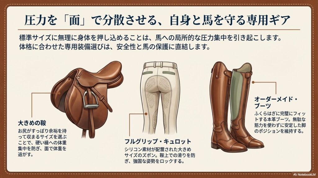 体重の圧力を面で分散させるための大きめの鞍やオーダーメイドブーツなどの専用乗馬装備