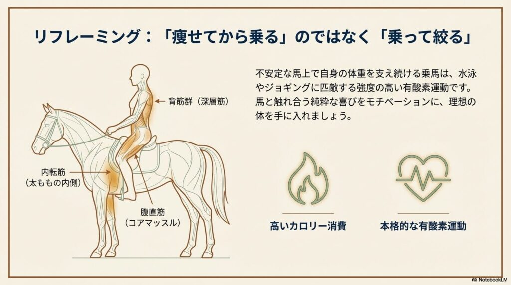 乗馬で使われる背筋群・内転筋・腹直筋などの深層筋とダイエット効果を示す図