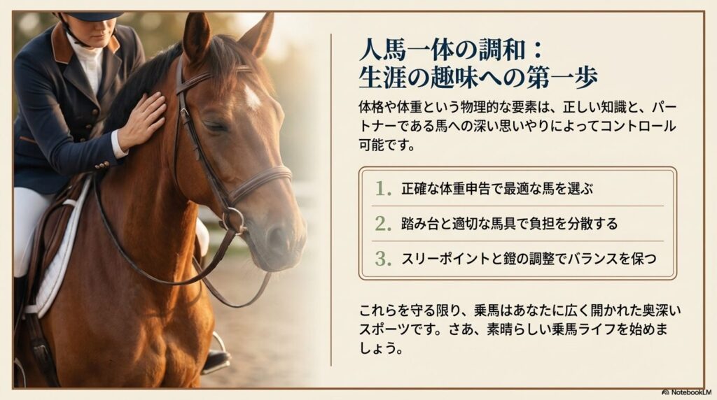 人馬一体の調和を示す馬を撫でる騎乗者の姿と乗馬を安全に楽しむための3つのポイント
