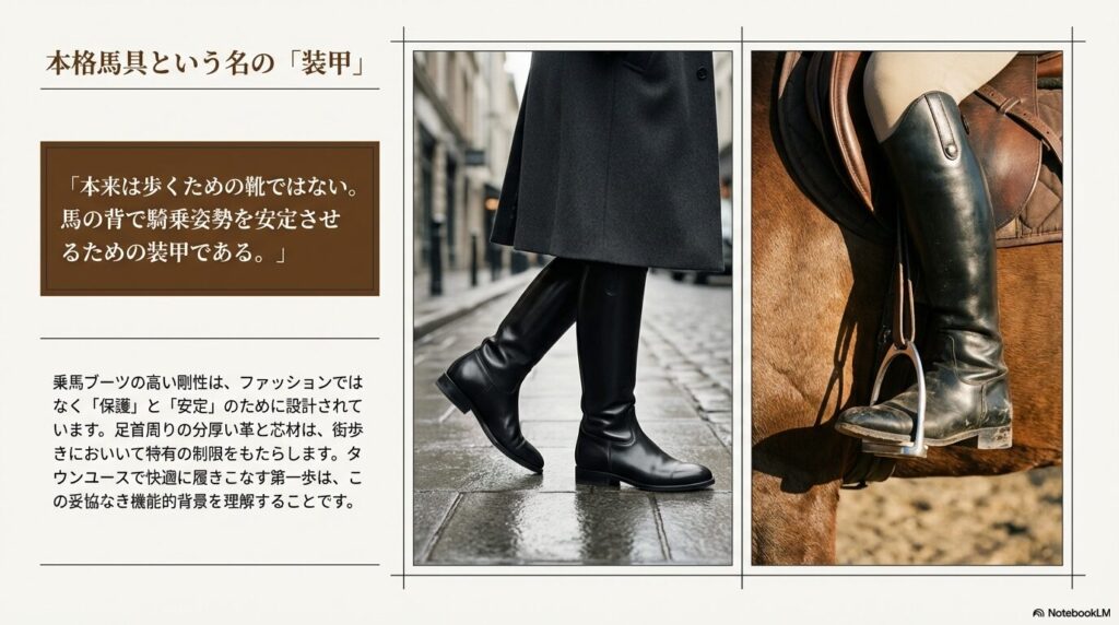 タウンユースと実際の乗馬シーンにおける乗馬ブーツの着用イメージ比較