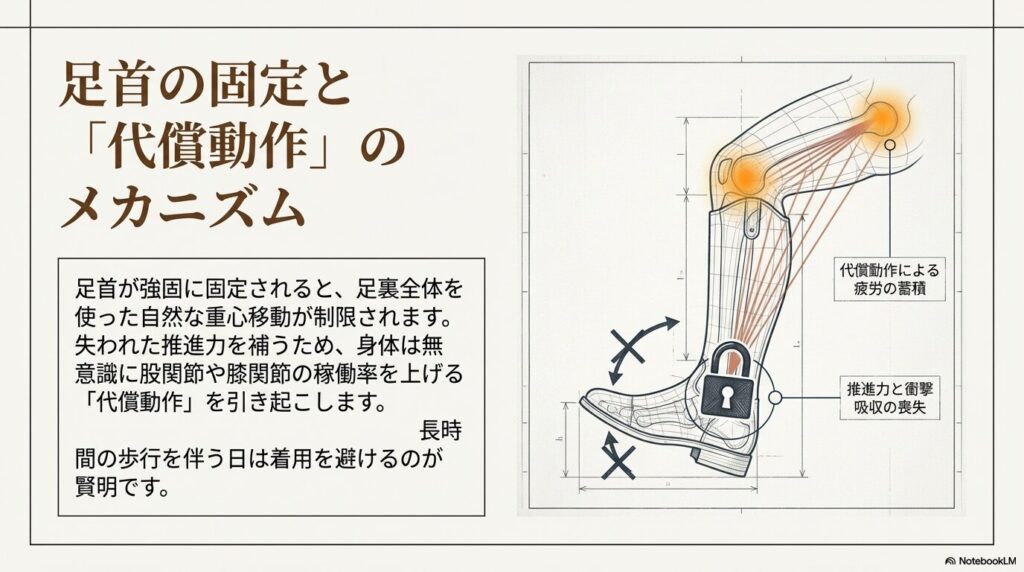 乗馬ブーツ着用時の足首の固定と歩行時の代償動作を示す生体力学メカニズム図