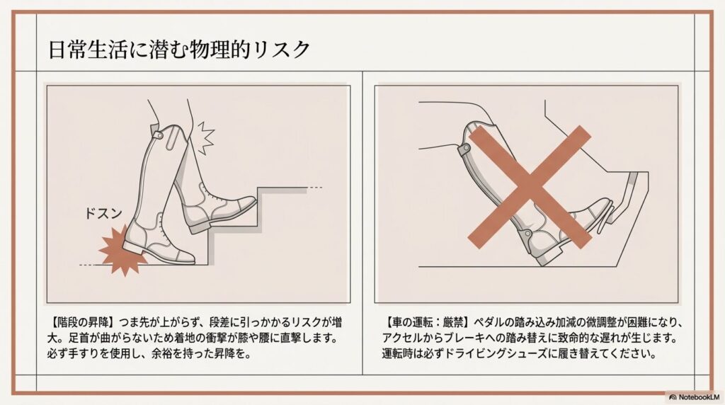 乗馬ブーツを履いて階段を昇る際につま先が引っかかる物理的リスクの図解