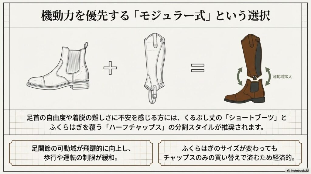 ショートブーツとハーフチャップスを組み合わせたモジュラー式の機動力向上の図解