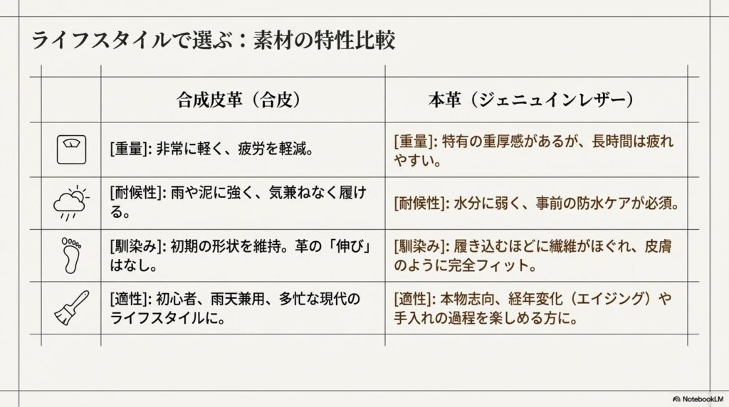合成皮革と本革の乗馬ブーツの特性（重量、耐候性、足馴染み）を比較した表