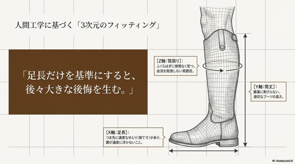 乗馬ブーツの筒周り、筒丈、足長を示す人間工学に基づく3次元フィッティングの図解