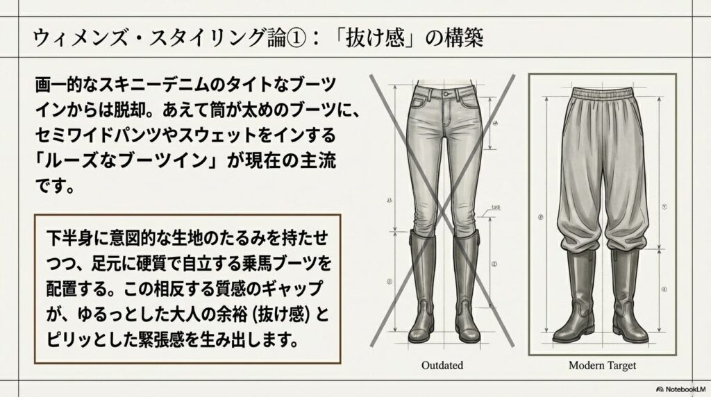 スキニーデニムのタイトな着こなしとセミワイドパンツのルーズなブーツインのスタイリング比較