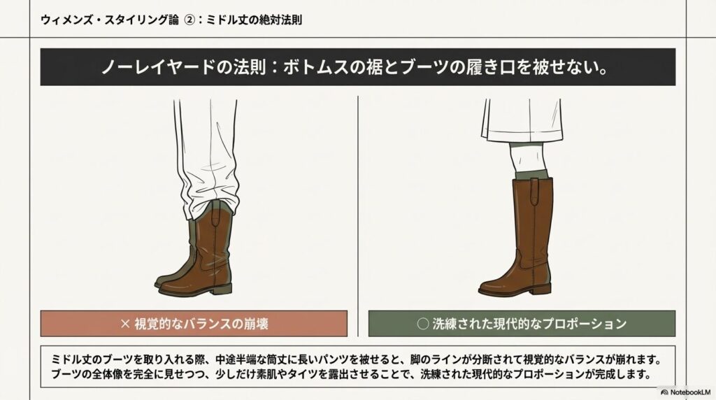 ミドル丈ブーツとボトムスの裾を被せないノーレイヤードの法則を示す図解