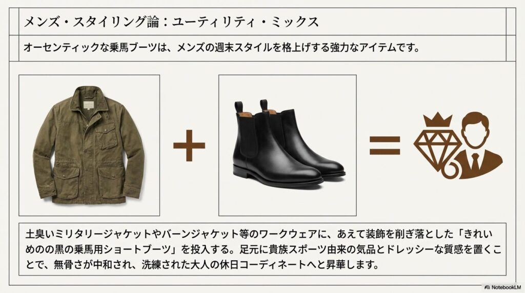 ワークテイストのジャケットとドレッシーな黒の乗馬用ショートブーツの組み合わせ