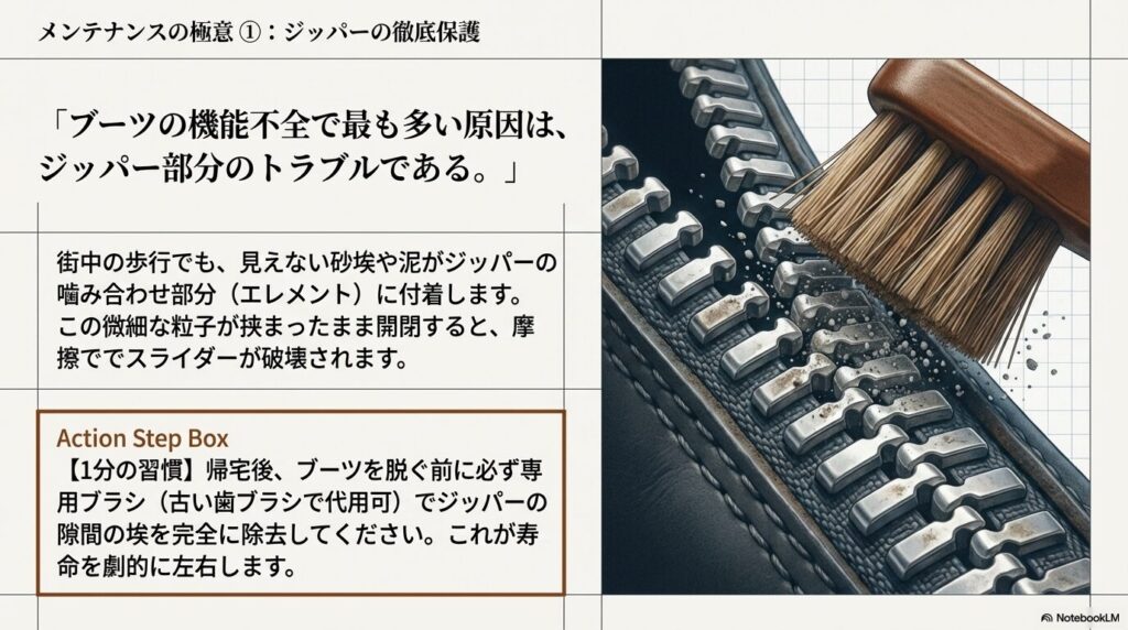 乗馬ブーツの機能不全の原因となるジッパー部分のトラブルと手入れの重要性