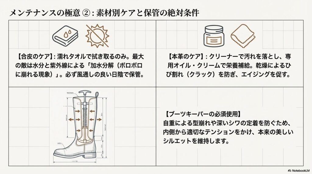 乗馬ブーツの素材別ケアアイコンとブーツキーパーを用いた保管方法の図解