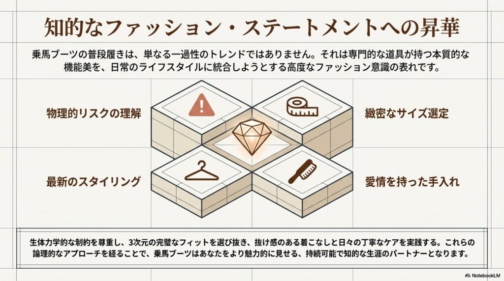 物理的リスクの理解、サイズ選定、スタイリング、手入れを示す4つの要素の中心にあるダイヤモンドの図