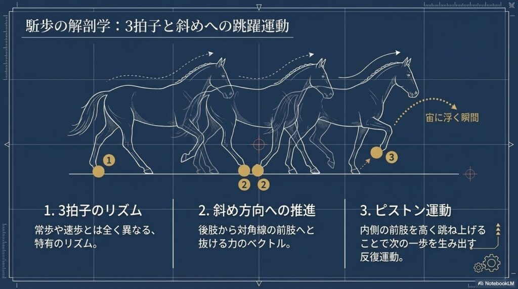 乗馬の駆け足の解剖学:3拍子のリズムと斜めへの跳躍、ピストン運動の図解