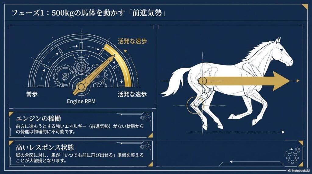 駆け足発進の準備フェーズ1:500kgの馬体を動かす前進気勢とエンジンの稼働