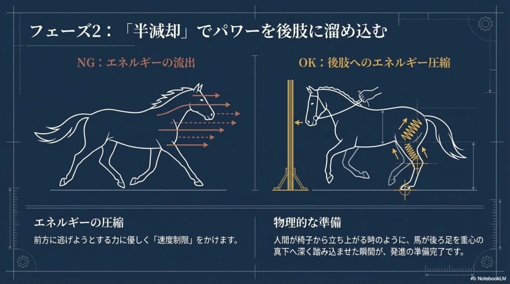 駆け足発進の準備フェーズ2:半減却でパワーを後肢に溜め込みエネルギーを圧縮する図解