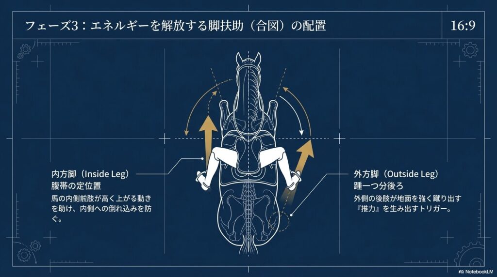 駆け足の合図(脚扶助)の配置図:内方脚は腹帯の定位置、外方脚は踵一つ分後ろに引く