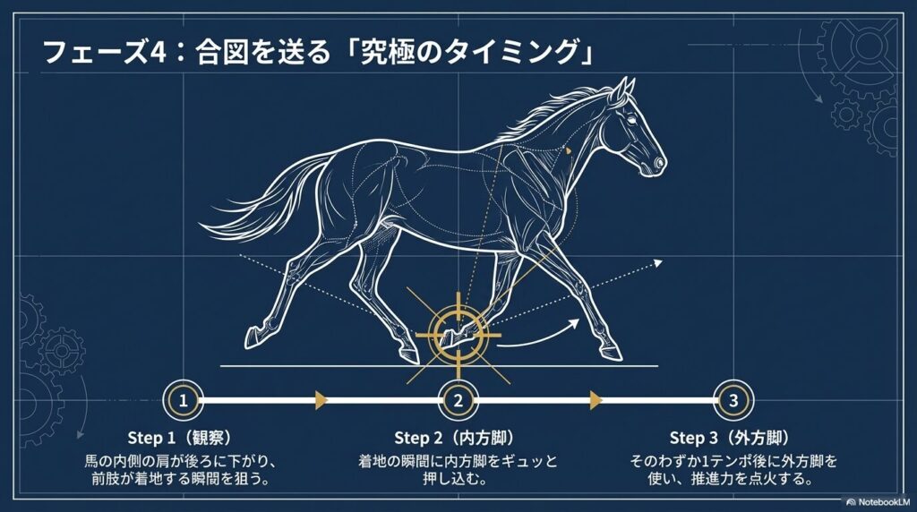 駆け足発進の合図を送る究極のタイミング:内側の肩が下がり前肢が着地する瞬間に脚を使う