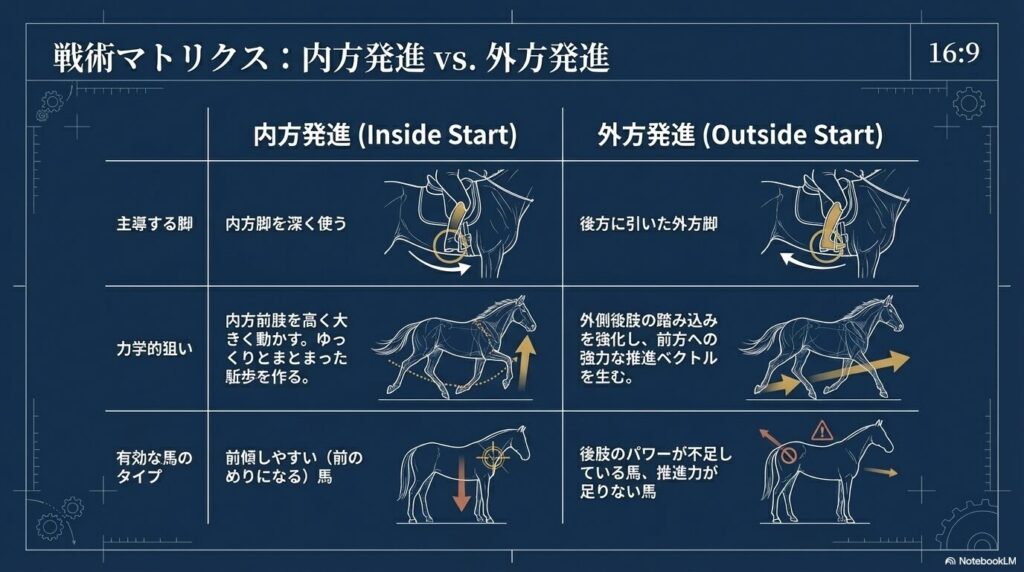 内方発進と外方発進の戦術マトリクス:主導する脚と有効な馬のタイプによる使い分け