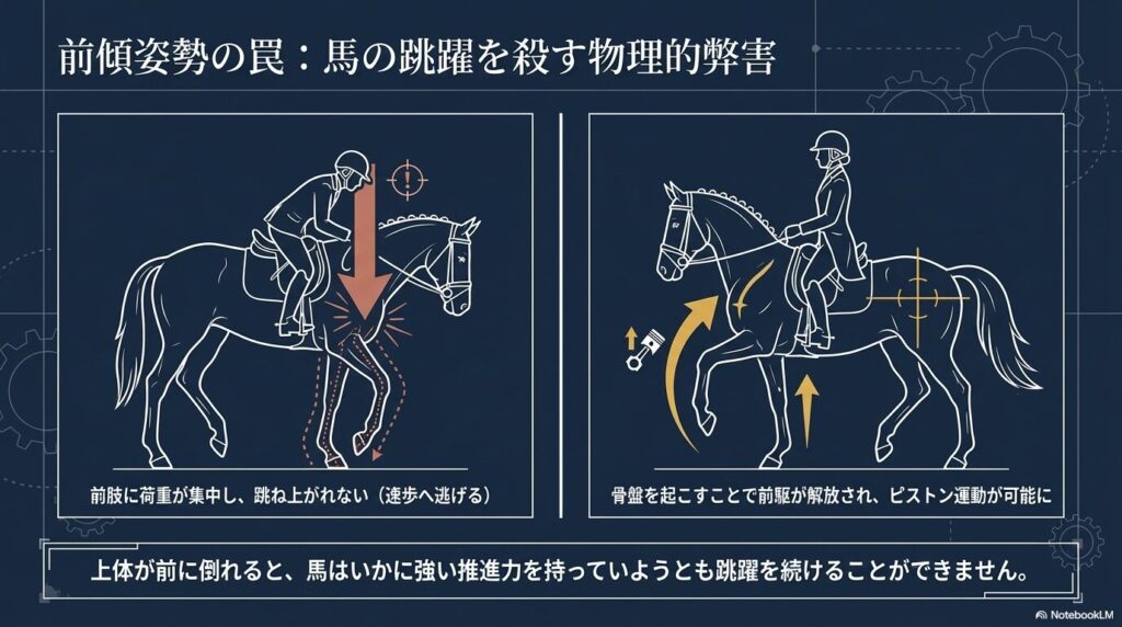 乗馬の前傾姿勢の罠:馬の前肢に荷重が集中し駆け足の跳躍を殺してしまう物理的弊害