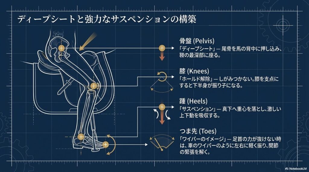 乗馬のディープシートと強力なサスペンションの構築:骨盤、膝、踵、つま先のワイパーの図解