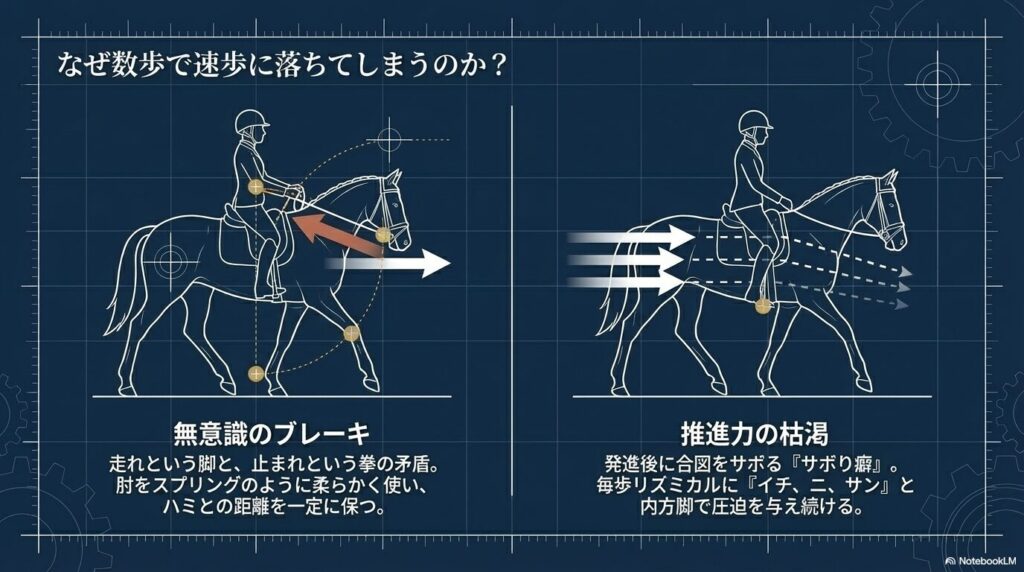 駆け足が数歩で速歩に落ちる原因:無意識のブレーキ動作と脚のサボりによる推進力の枯渇