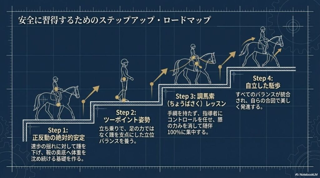 初心者が乗馬の駆け足を安全に習得するためのステップアップ・ロードマップ(正反動、軽速歩、調馬索)