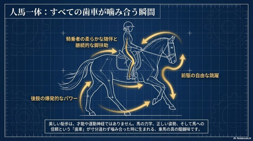 乗馬における人馬一体の瞬間:騎乗者の柔らかな随伴と馬の爆発的なパワーが噛み合った美しい駆け足
