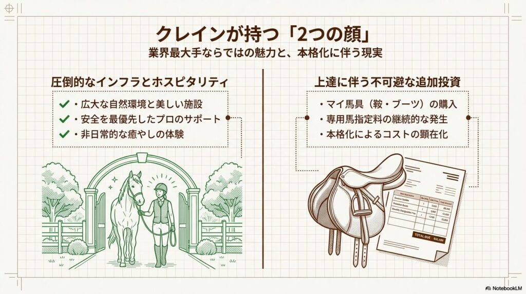 乗馬クラブクレインの業界最大手ならではのインフラの魅力と、本格化に伴う追加投資の現実