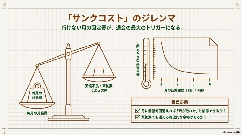 乗馬クラブクレインの月会費における、月の訪問回数低下による実質単価上昇のグラフ