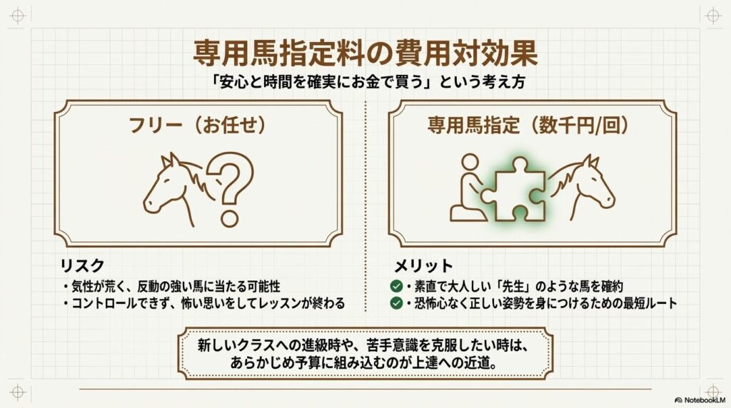 乗馬クラブクレインにおけるフリー騎乗(お任せ)と専用馬指定料を払うメリット・デメリット