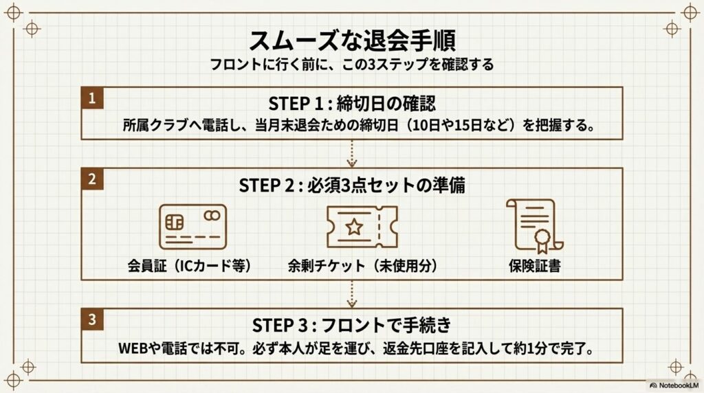 乗馬クラブクレインを退会するための3ステップ(締切日の確認、必須3点セットの準備、フロントでの手続き)